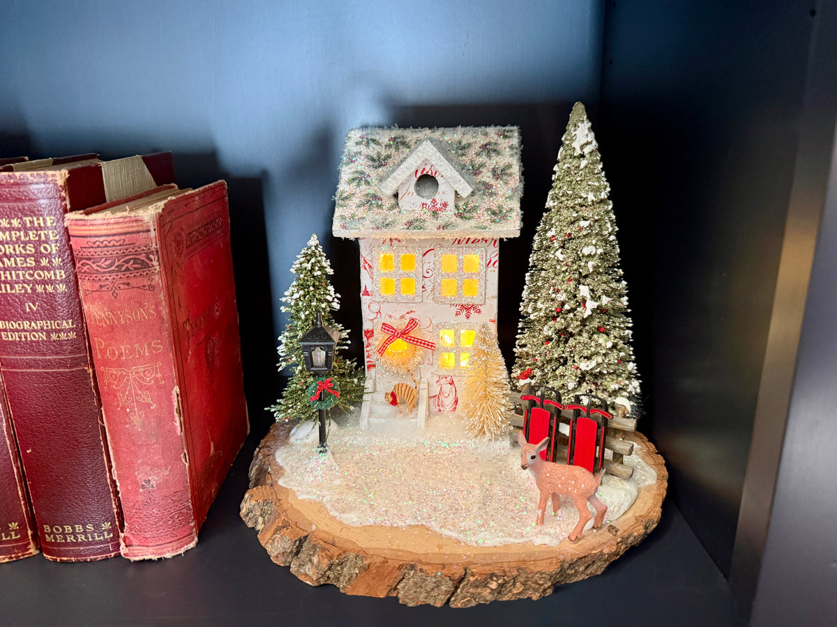 Light-Up Christmas House Scene on Log Slice