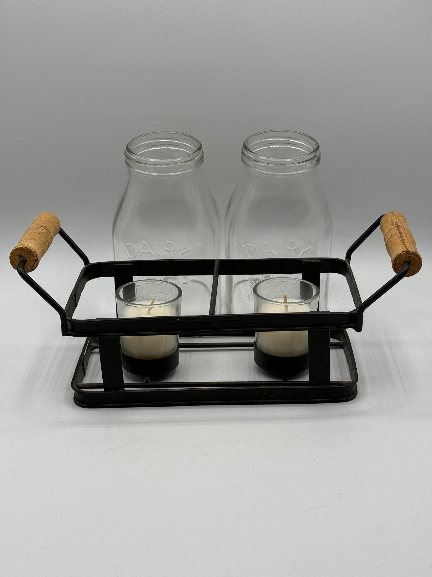 Pair of Unique Milk Bottle Votive Candles & Basket