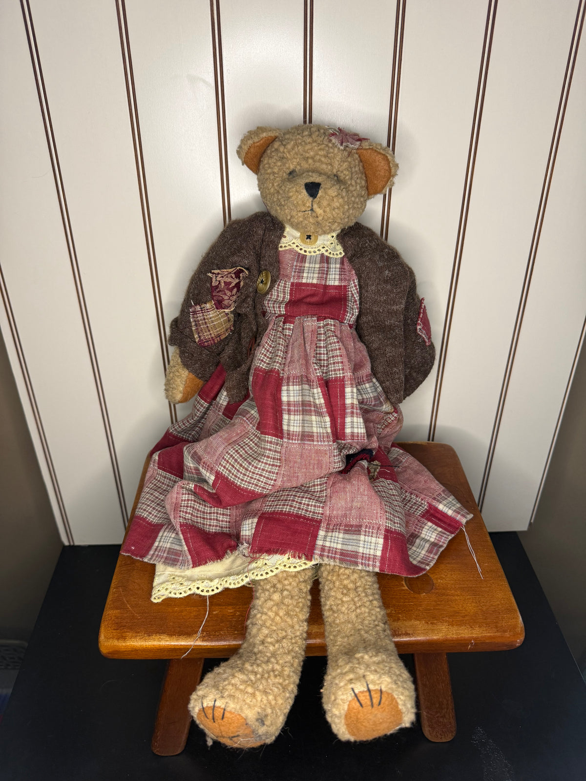 Teddy Bear in Patchwork Dress & Sweater