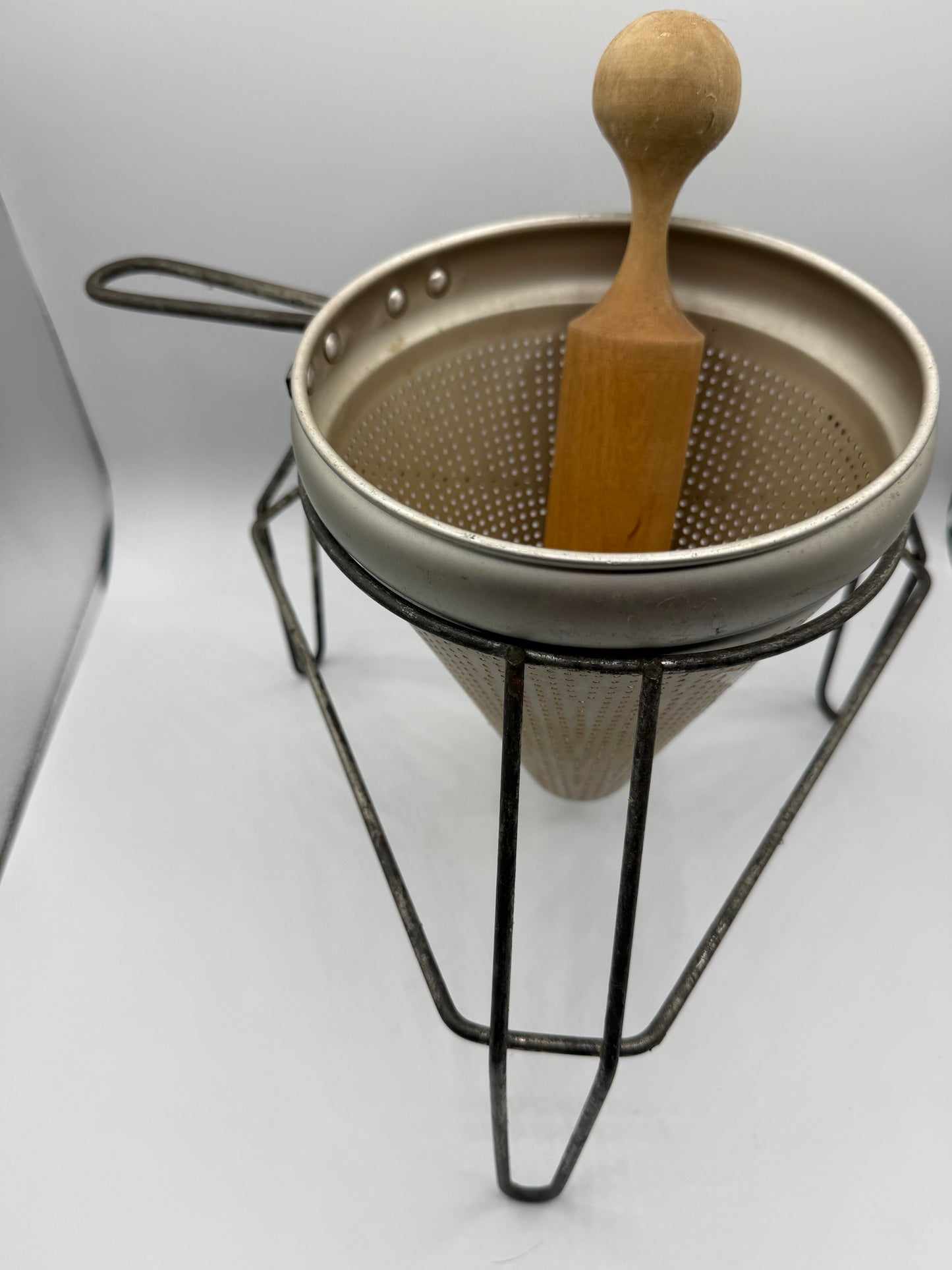 Vintage Aluminum Colander With Pedestal: Wood Pestle 3 Piece Set