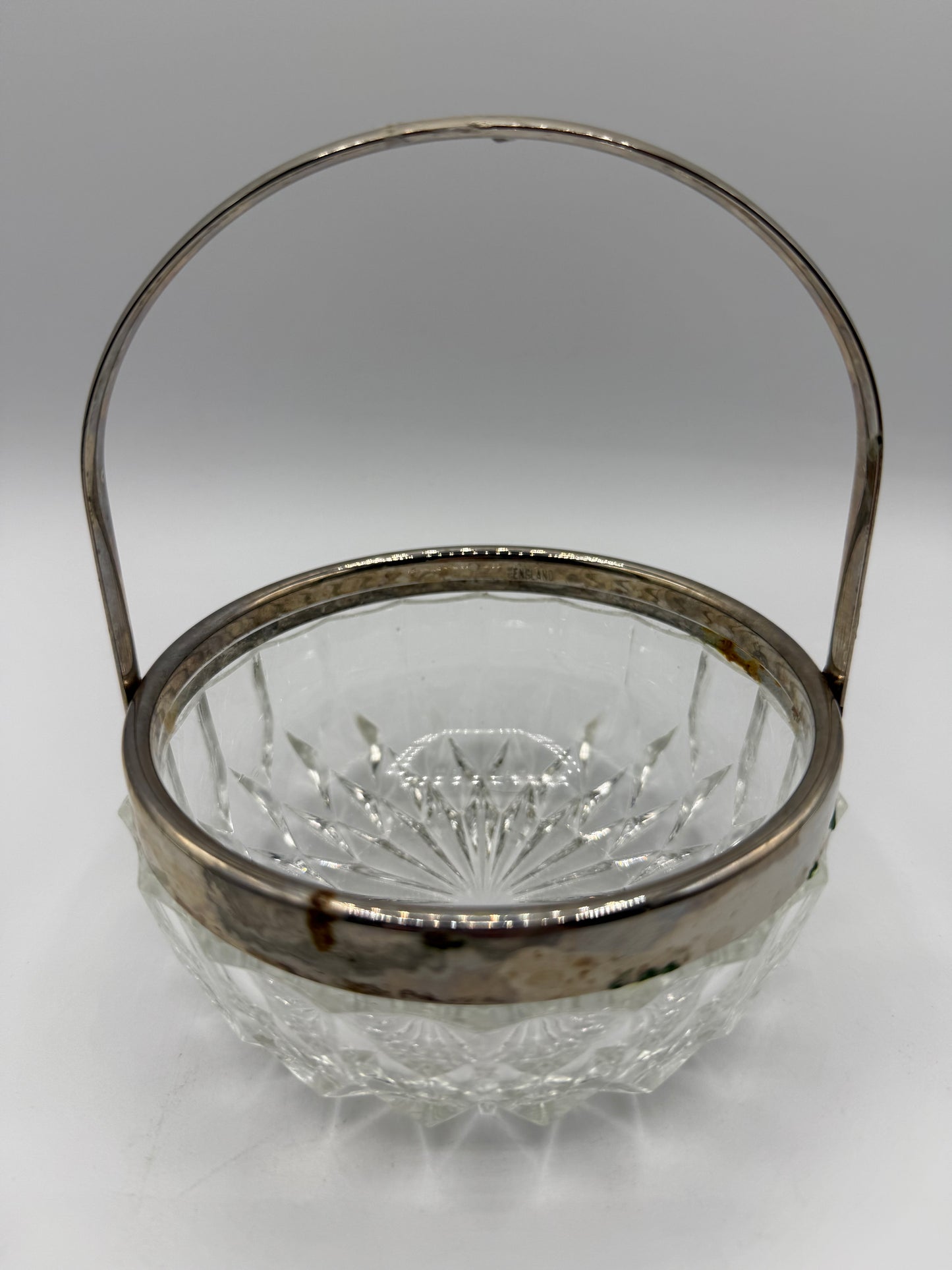 Cut Crystal Candy Dish with Silver Rim & Handle