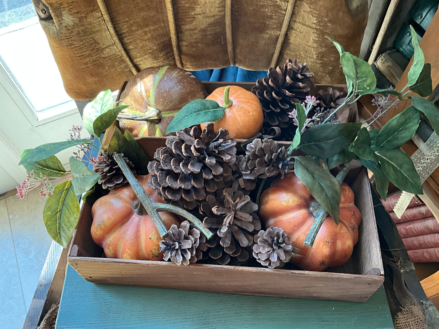 Wood Tote with Fall Pumpkins & Pinecones