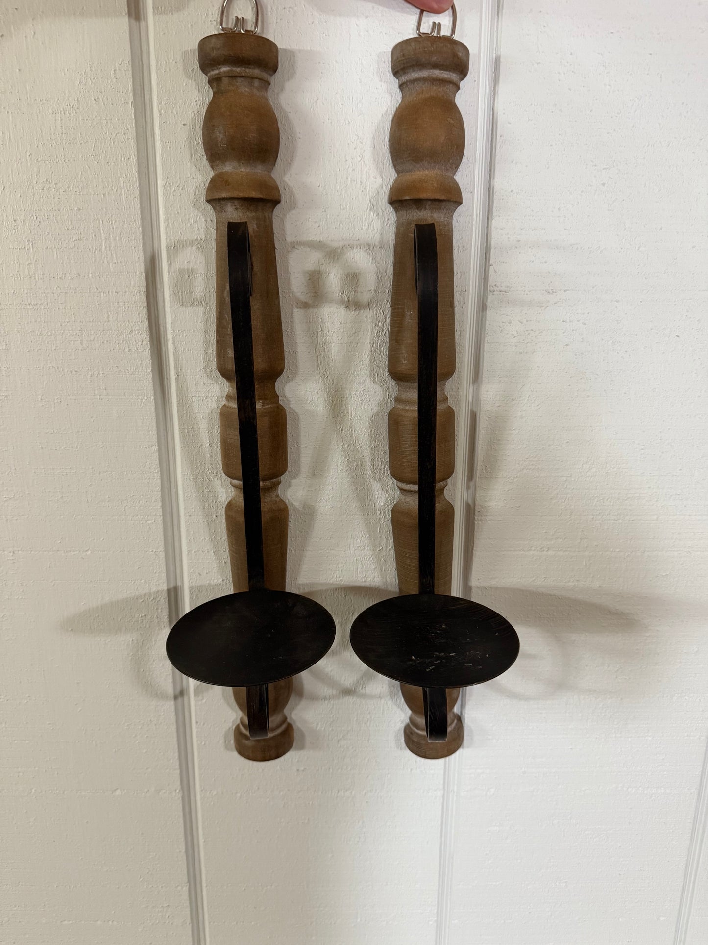Set of Two Wood & Metal Wall Candle Sconces