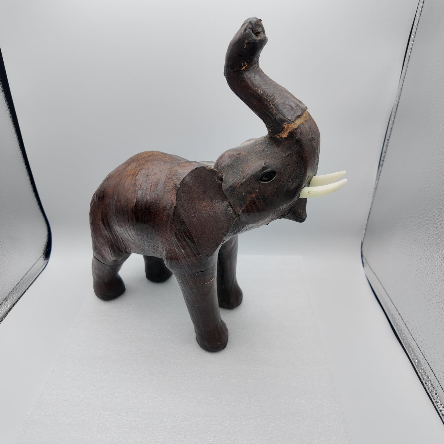 Mid Century Leather Elephant with Bone Tusks