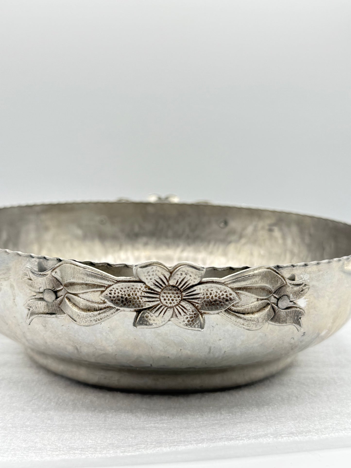 Vintage Dented Design Aluminum Serving Bowl with Flower Handles