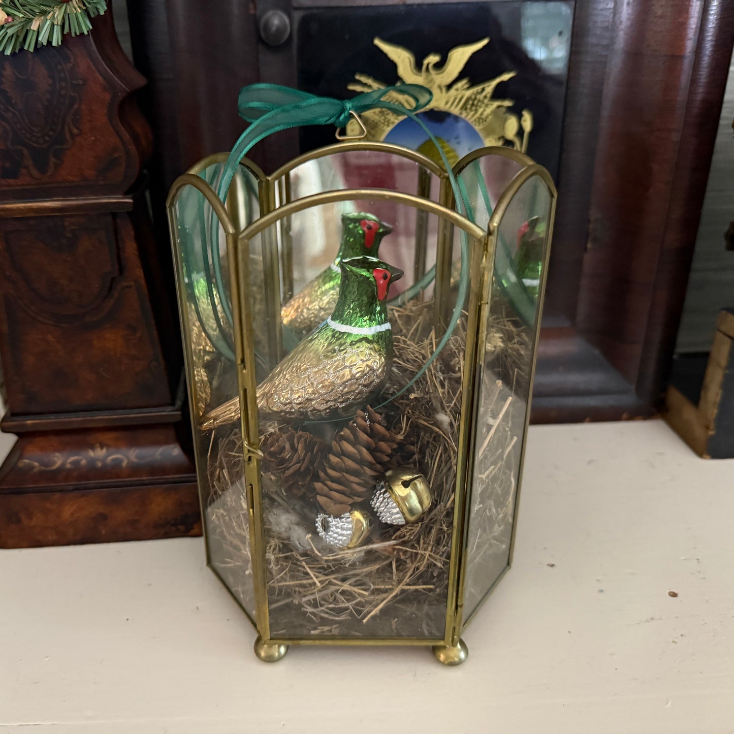 Brass & Glass Display Cabinet with Nest & Pheasant