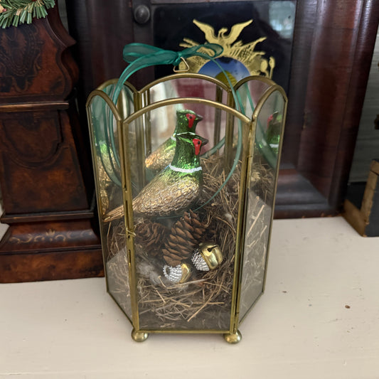 Brass & Glass Display Cabinet with Nest & Pheasant