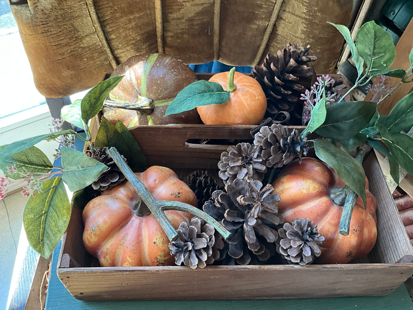 Wood Tote with Fall Pumpkins & Pinecones