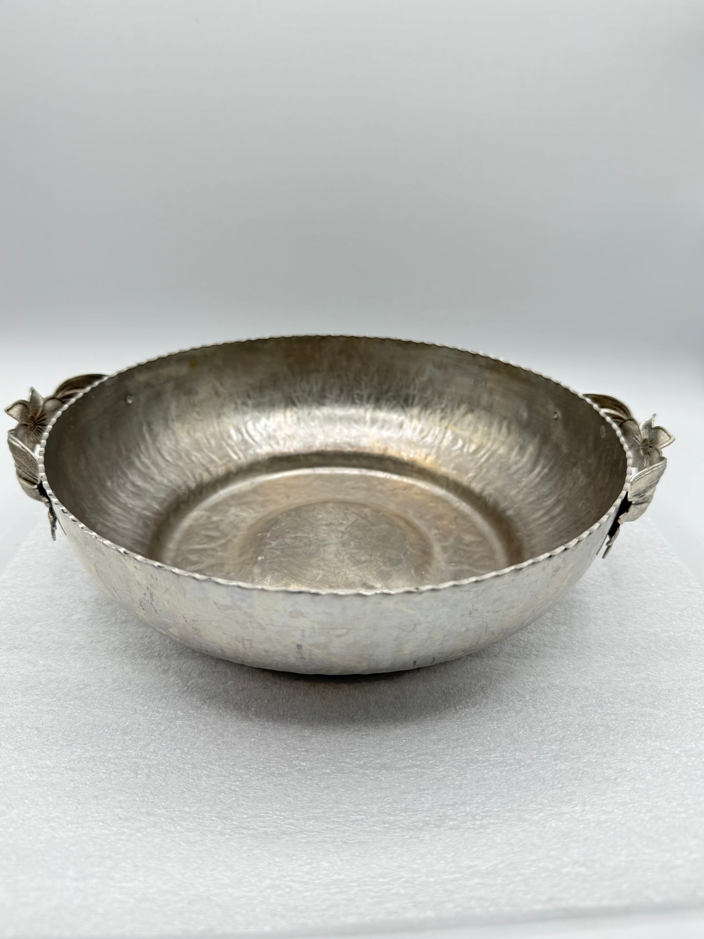 Vintage Dented Design Aluminum Serving Bowl with Flower Handles