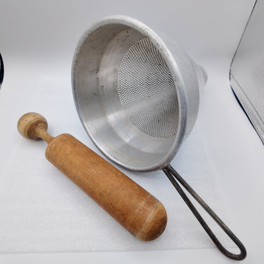Vintage Aluminum Sieve and Wood Pestle