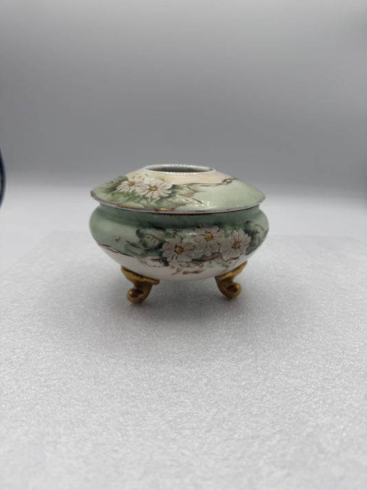 Antique Porcelain Footed Hair Receiver with Hand Painted Daisy Design