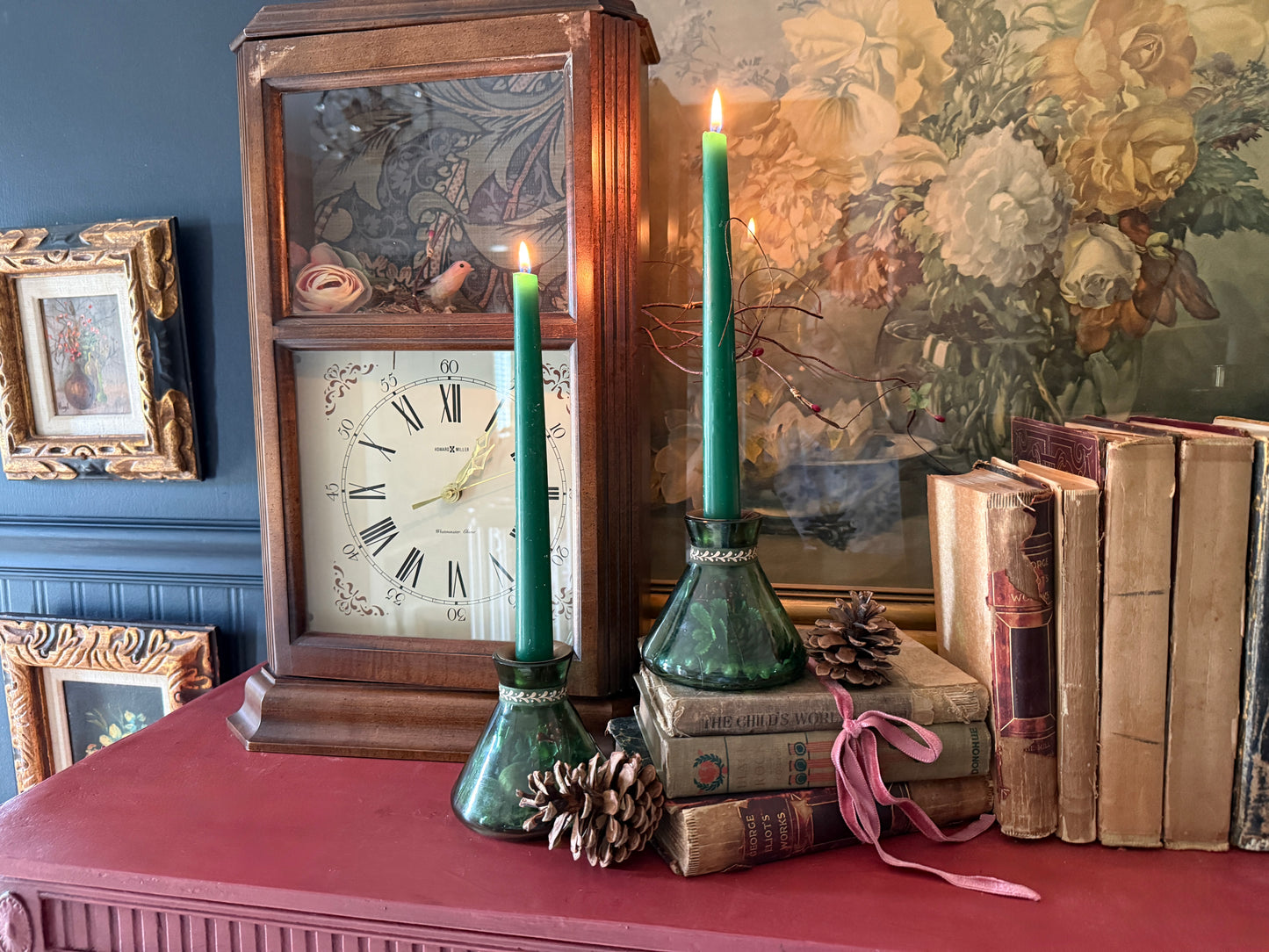 Green Vase Candlesticks with Florals