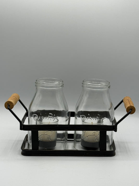 Pair of Unique Milk Bottle Votive Candles & Basket