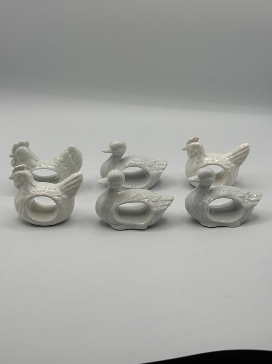 Set of 6 Rooster & Duck Ceramic Napkin Rings