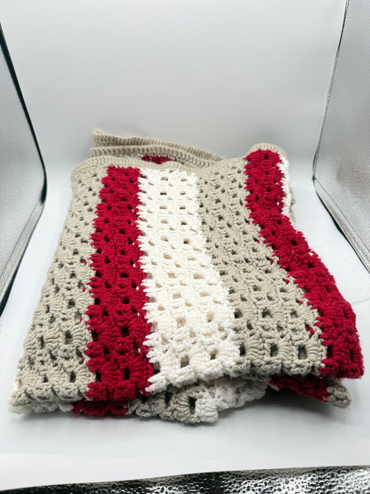 Beige/White/Red Afghan Blanket
