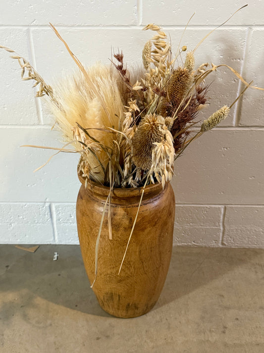 Large Wood Vase with Dried Florals