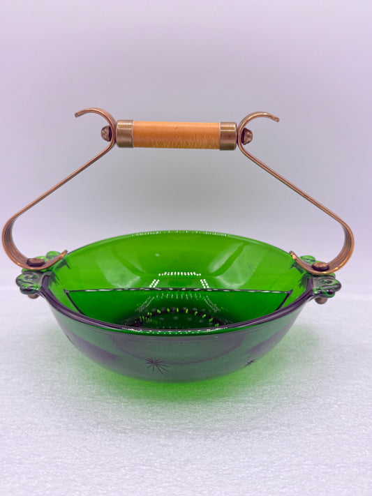 Vintage Paden City Emerald Glo Green Glass Basket with Bakelite Handle