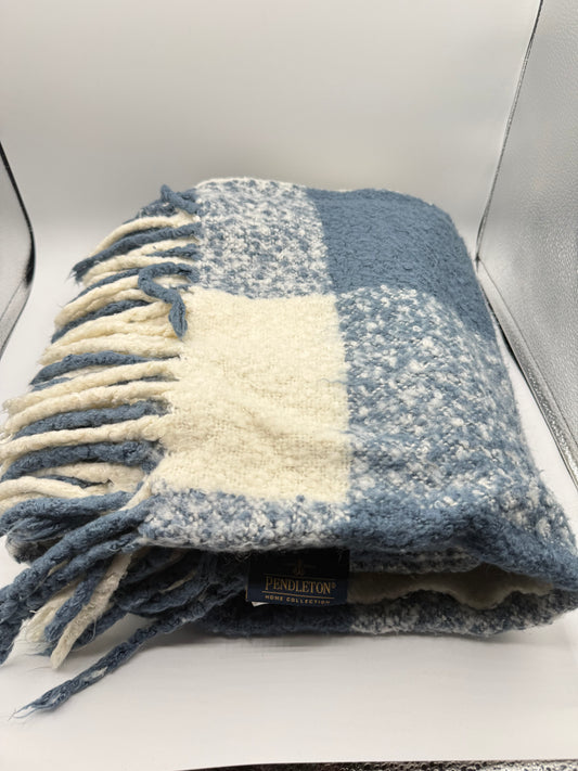 Wool Blue & White Plaid Throw Blanket