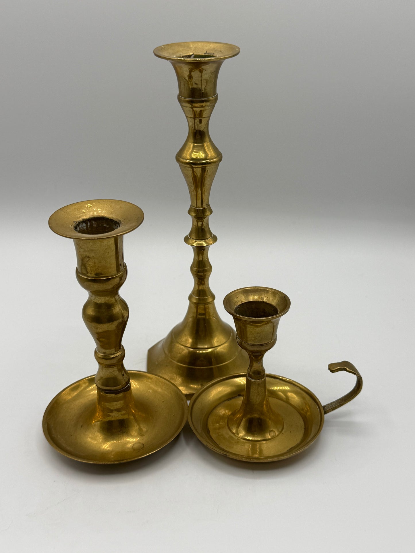 3 Piece Unmatched Brass Candle Holder Set