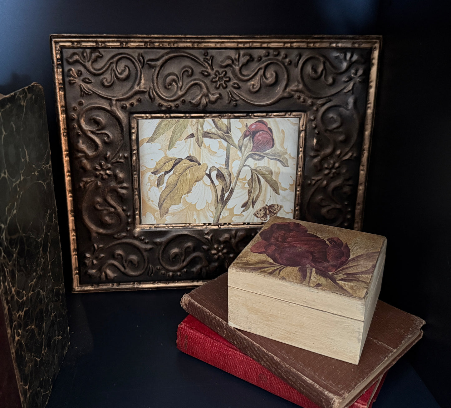 Metal Framed Rose Print and Wood Box