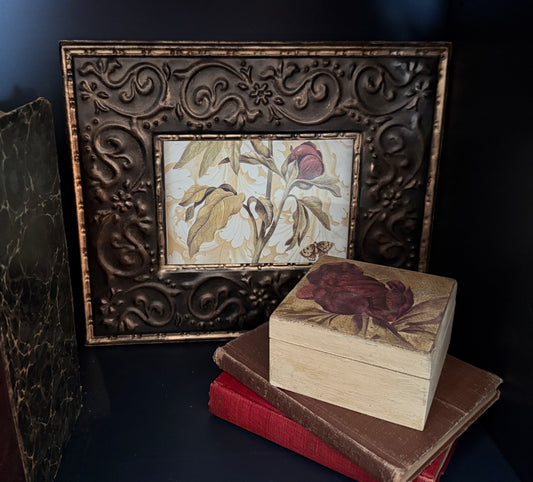 Metal Framed Rose Print and Wood Box
