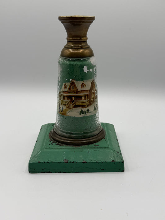 Hand-Painted Vintage Glass & Brass Candlestick