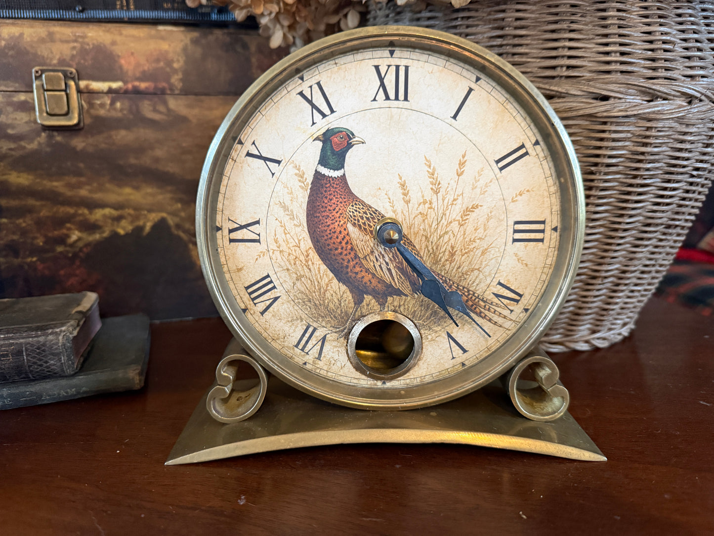 Pheasant Brass Clock with Pendulum (works)