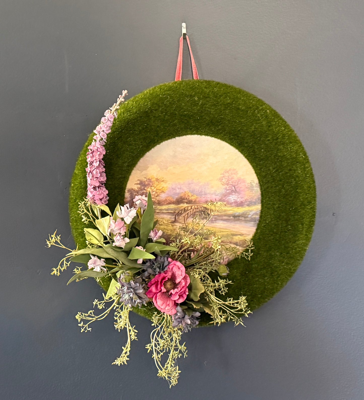 Landscape with Floral and Moss Wreath Frame