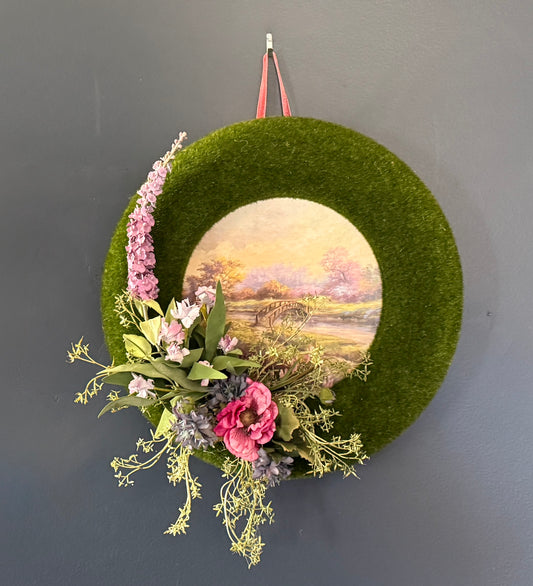 Landscape with Floral and Moss Wreath Frame