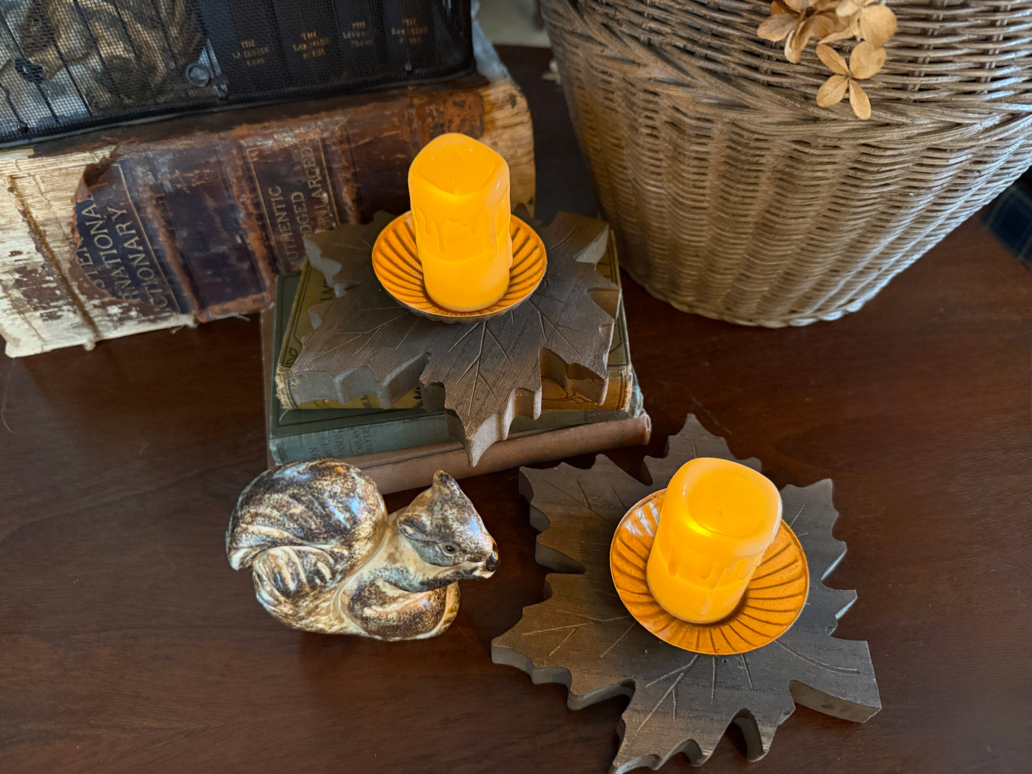 Pair of Wood Leaf Candleholders with Battery Votives