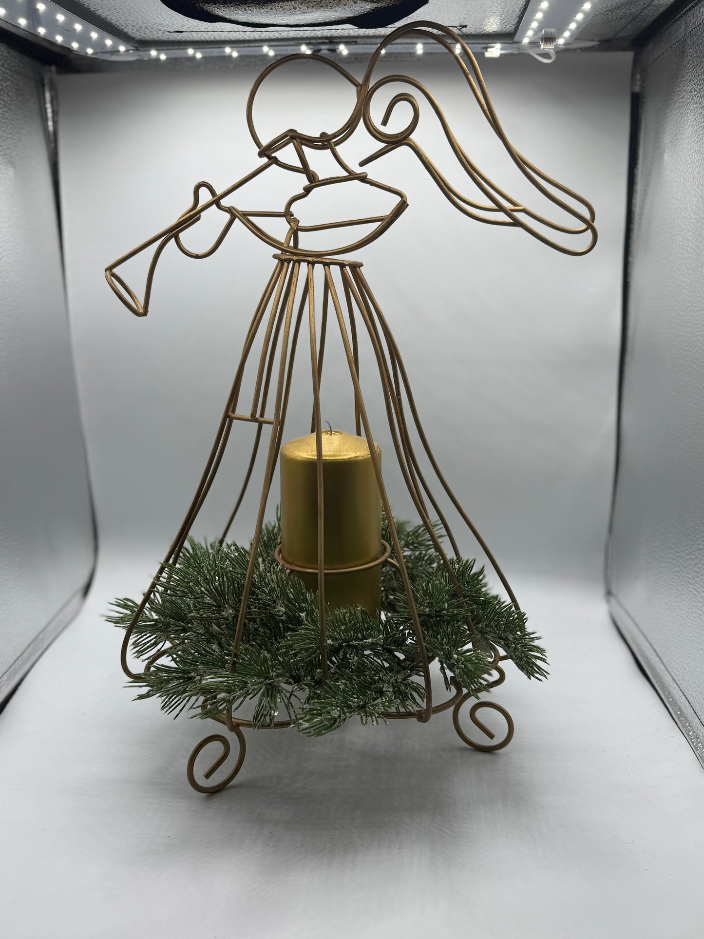 Large Metal Angel Candlestand with Gold Candle & Candle Ring