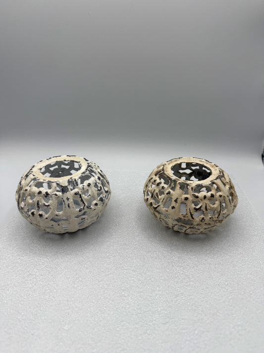 Two Distressed White Metal votive candle holders