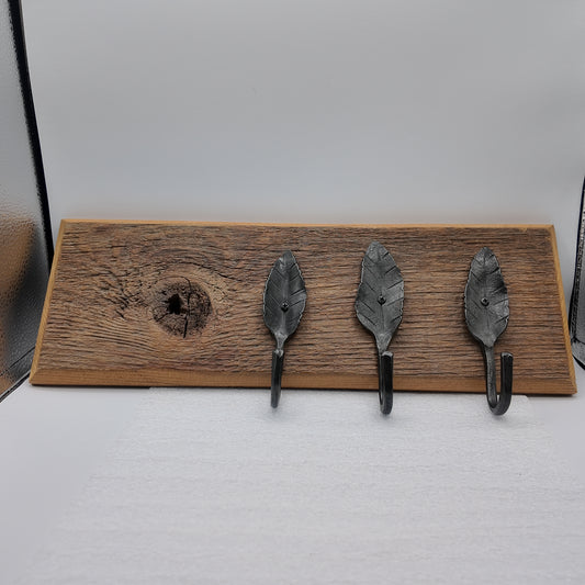 Barn Wood Coa Rack with Metal Leaf Hooks