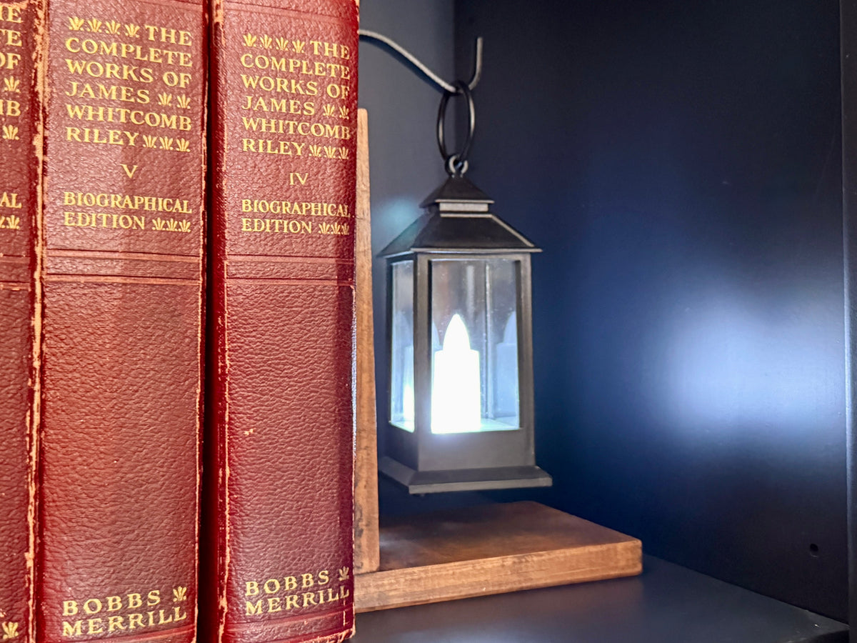 Set of Two Wood Bookends with Hanging Lanterns