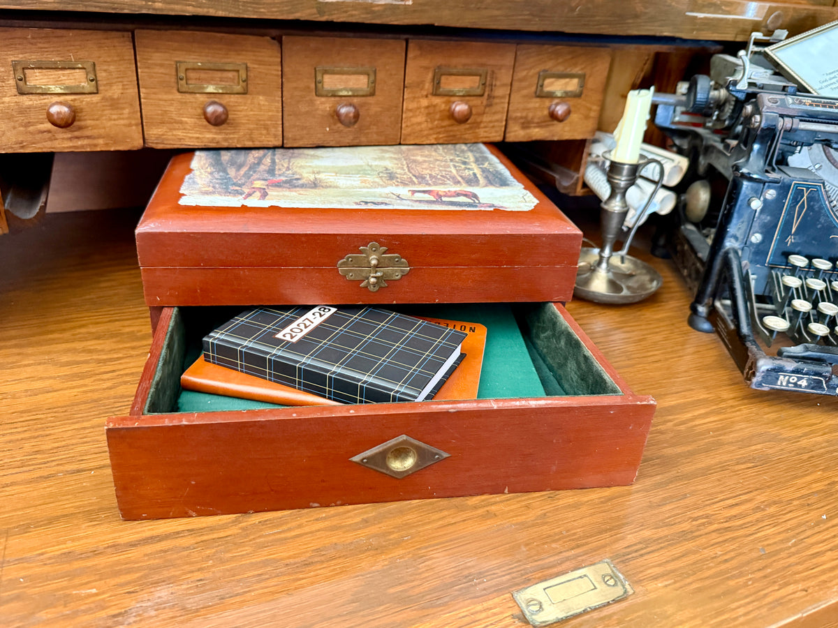 Wood Stationary Box with Currier & Ives Cover