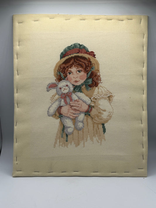 Needlepoint Girl Holding Rabbit