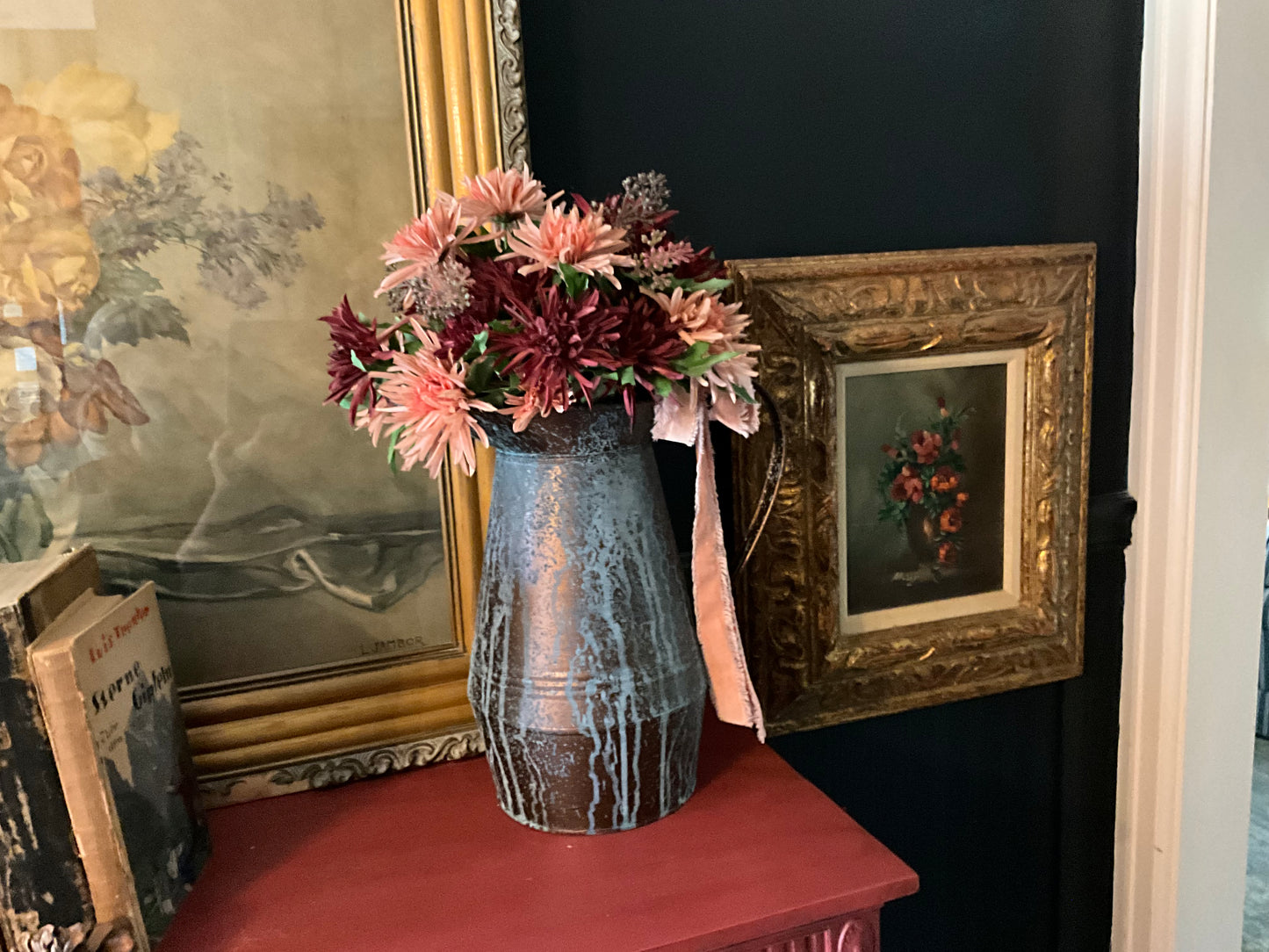 Verdigris Metal Pitcher with Florals