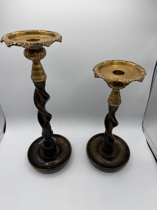 Vintage Maitland Smith Bronze & Brass Barley Twist Candle Holders (Set of 2)
