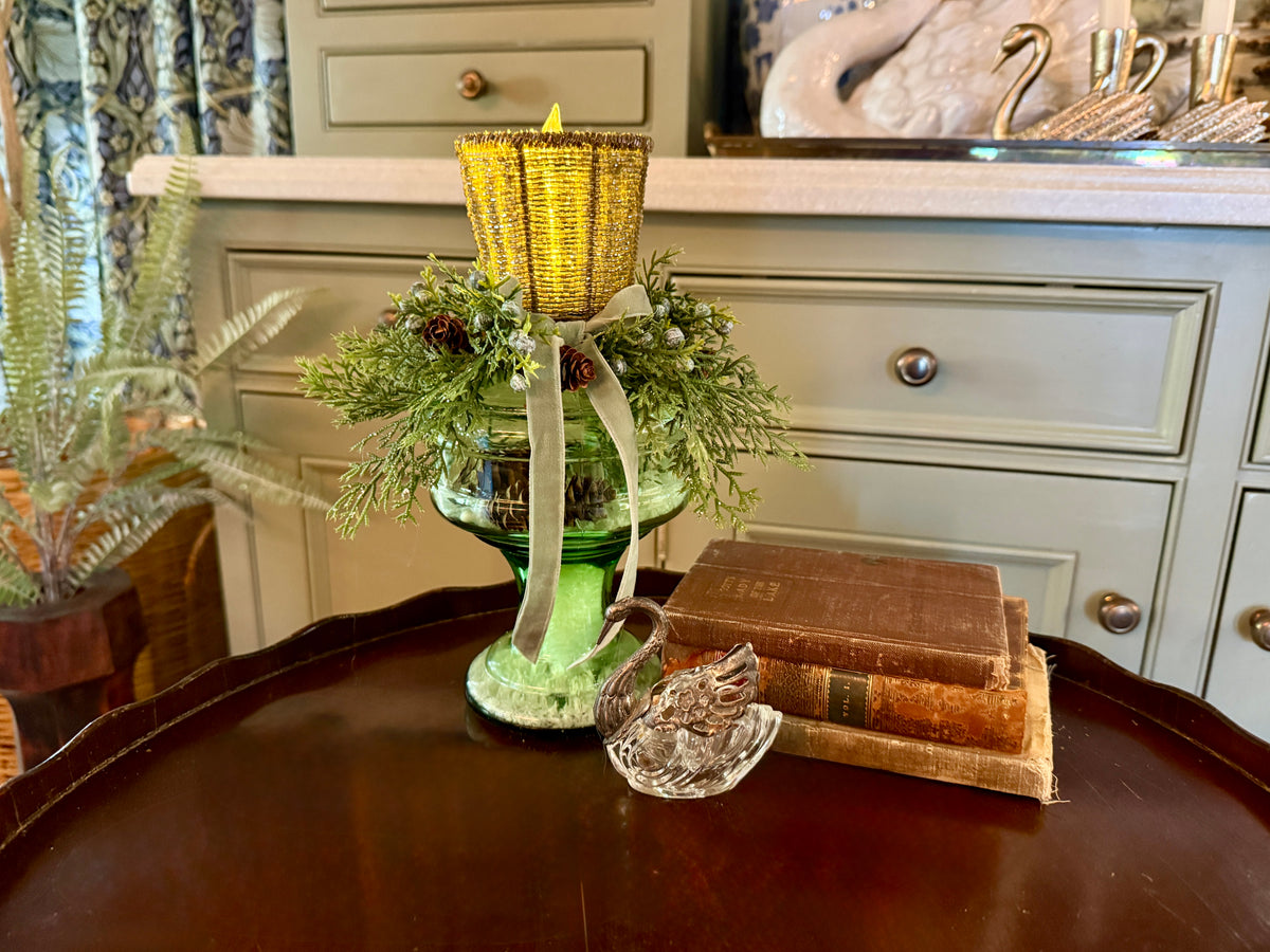 Green Glass Oil Lamp with Votive Candle