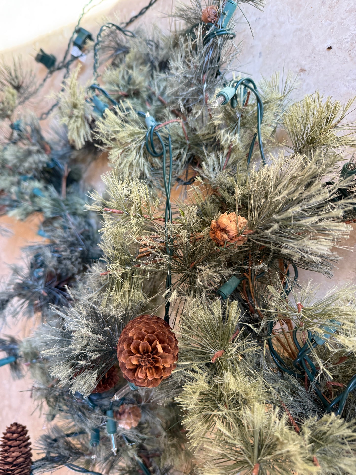 Feather Pine Garland with White Lights and Pinecones