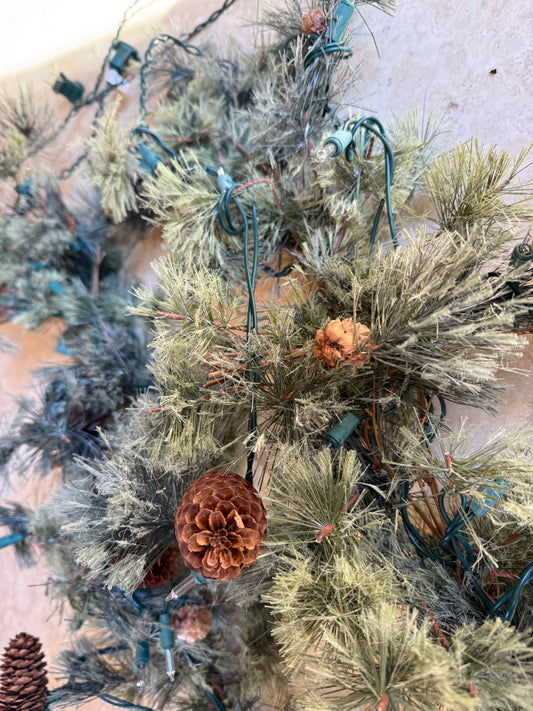 Feather Pine Garland with White Lights and Pinecones