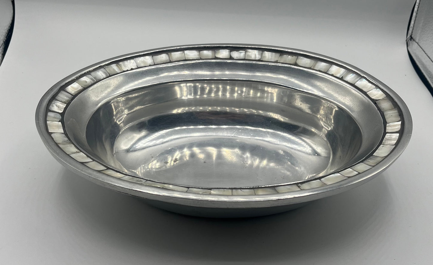 Vintage Pewter Serving Bowl with Mother of Pearl Inlay