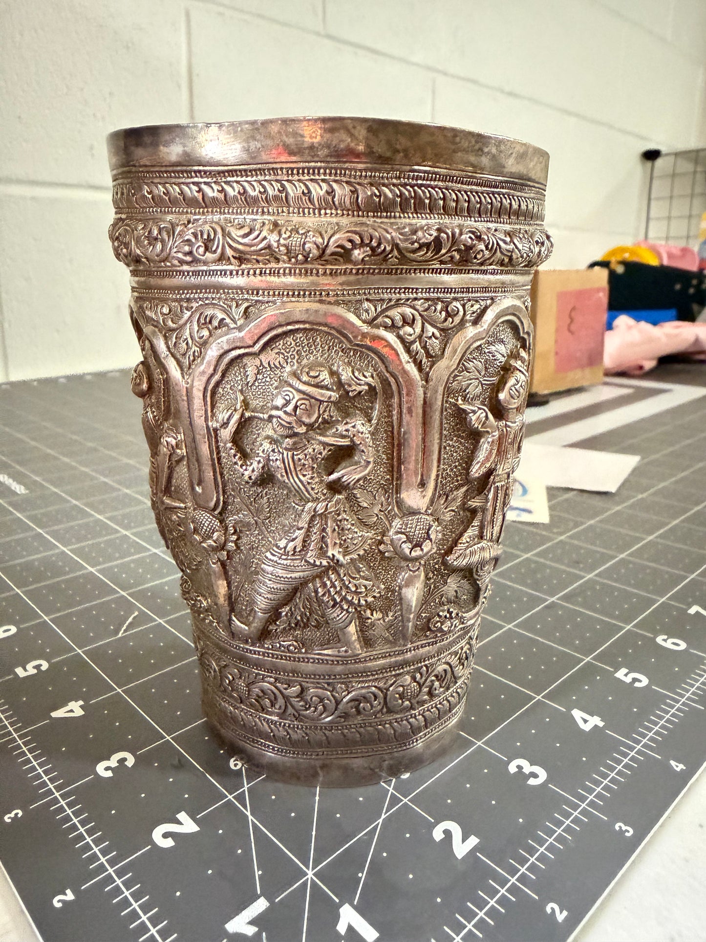 Antique Burmese Silver Zodiac Symbol Vase