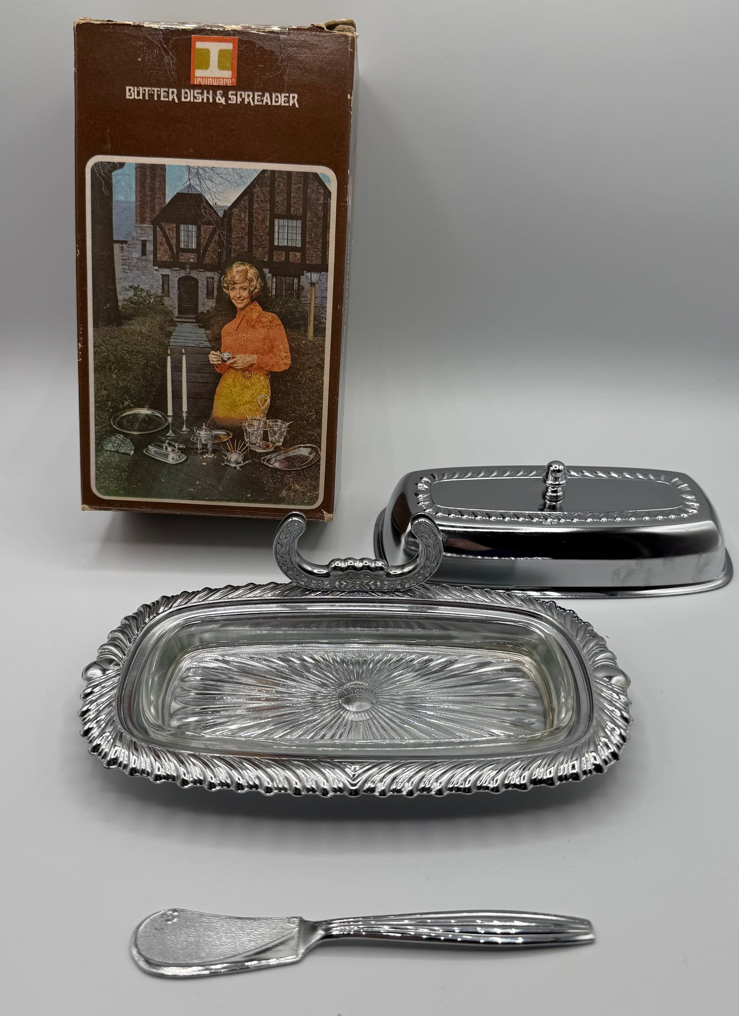 1971 Chrome & Glass Butter Dish and Spreader (Irvinware)