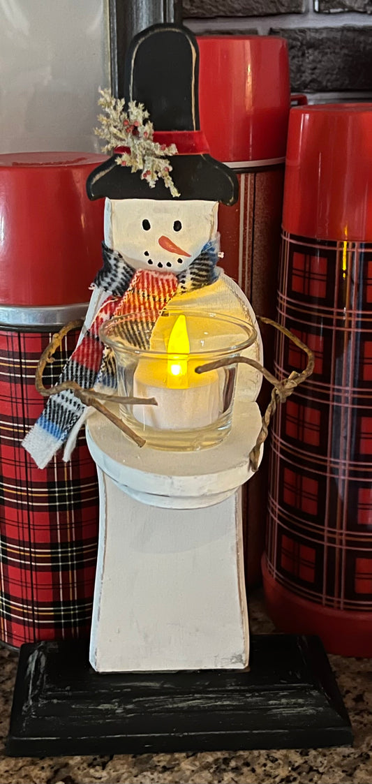 Wood Snowman with Votive Candle