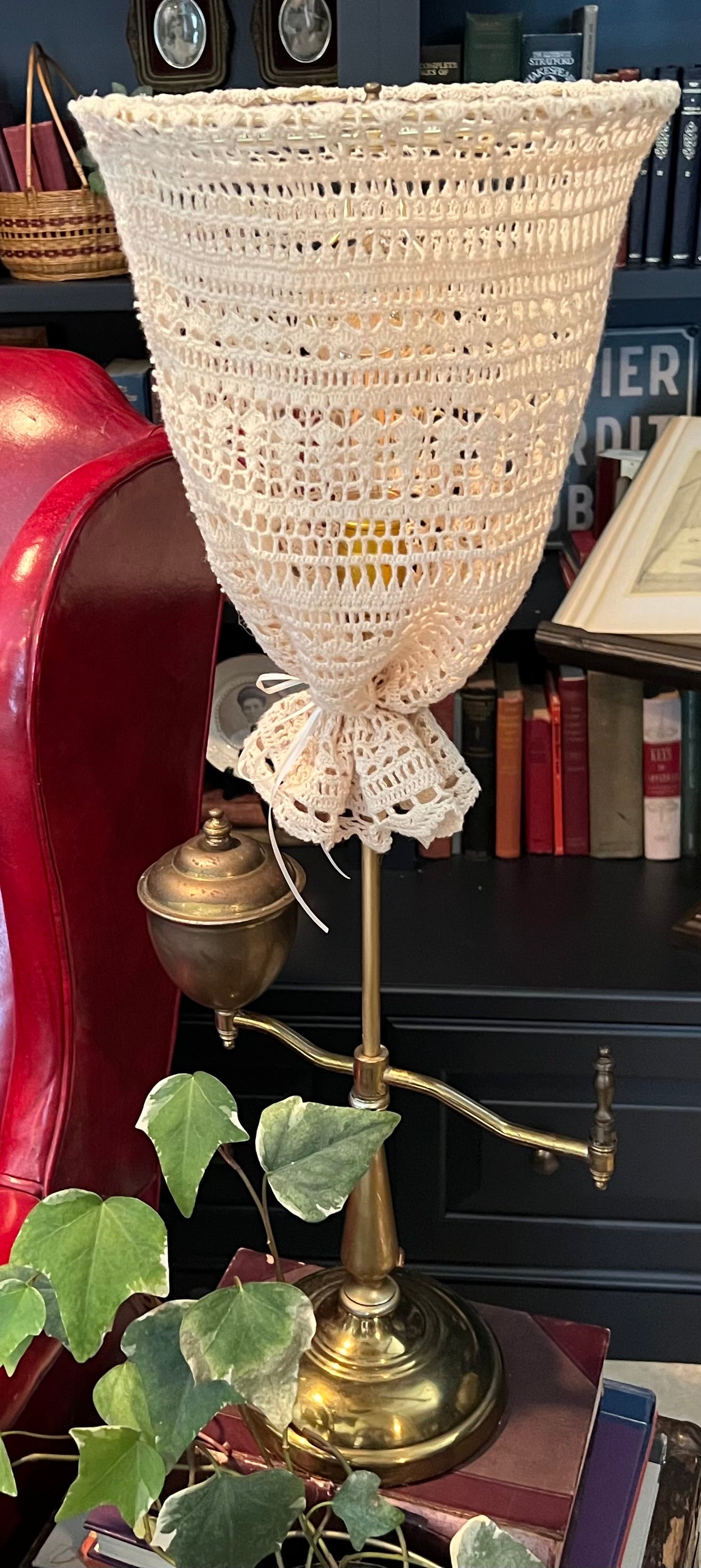 Vintage Counterweight Student Lamp with Crocheted Shade