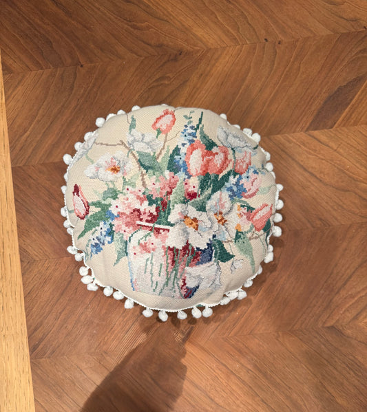 Round Needlepoint Floral Pillow with Pom-pom Trim