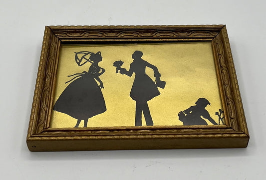 Antique Silhouette Glass Art with Gold Backing