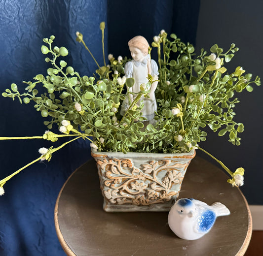 Faux Potted Plant with Girl Figurine on Music Box