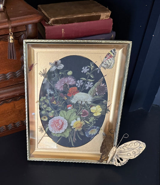 Vintage Framed Floral Art with Butterfly
